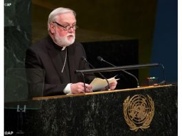Archbishop Paul Gallagher, the Holy See's Secretary for Relations with States, addressing the UN General Assembly in New York - AP