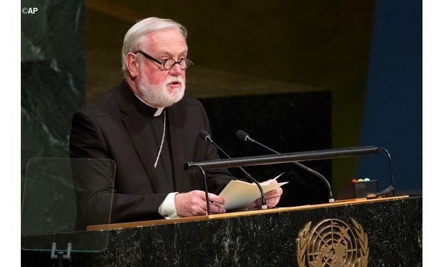 Archbishop Paul Gallagher, the Holy See's Secretary for Relations with States, addressing the UN General Assembly in New York - AP