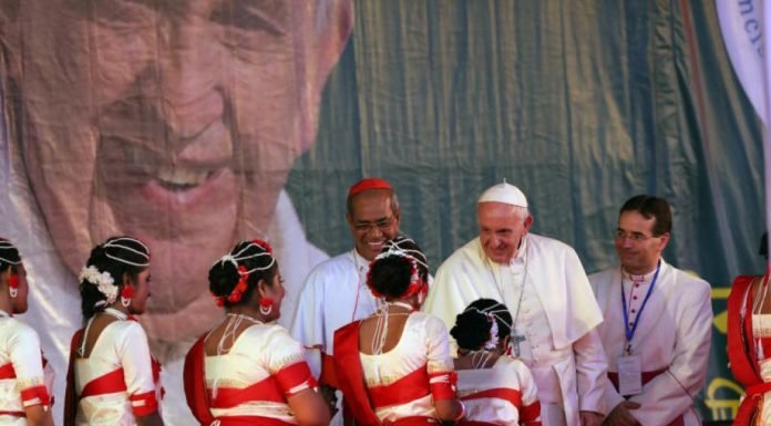 Pope Francis greeted cultural program performers in NotreDame College